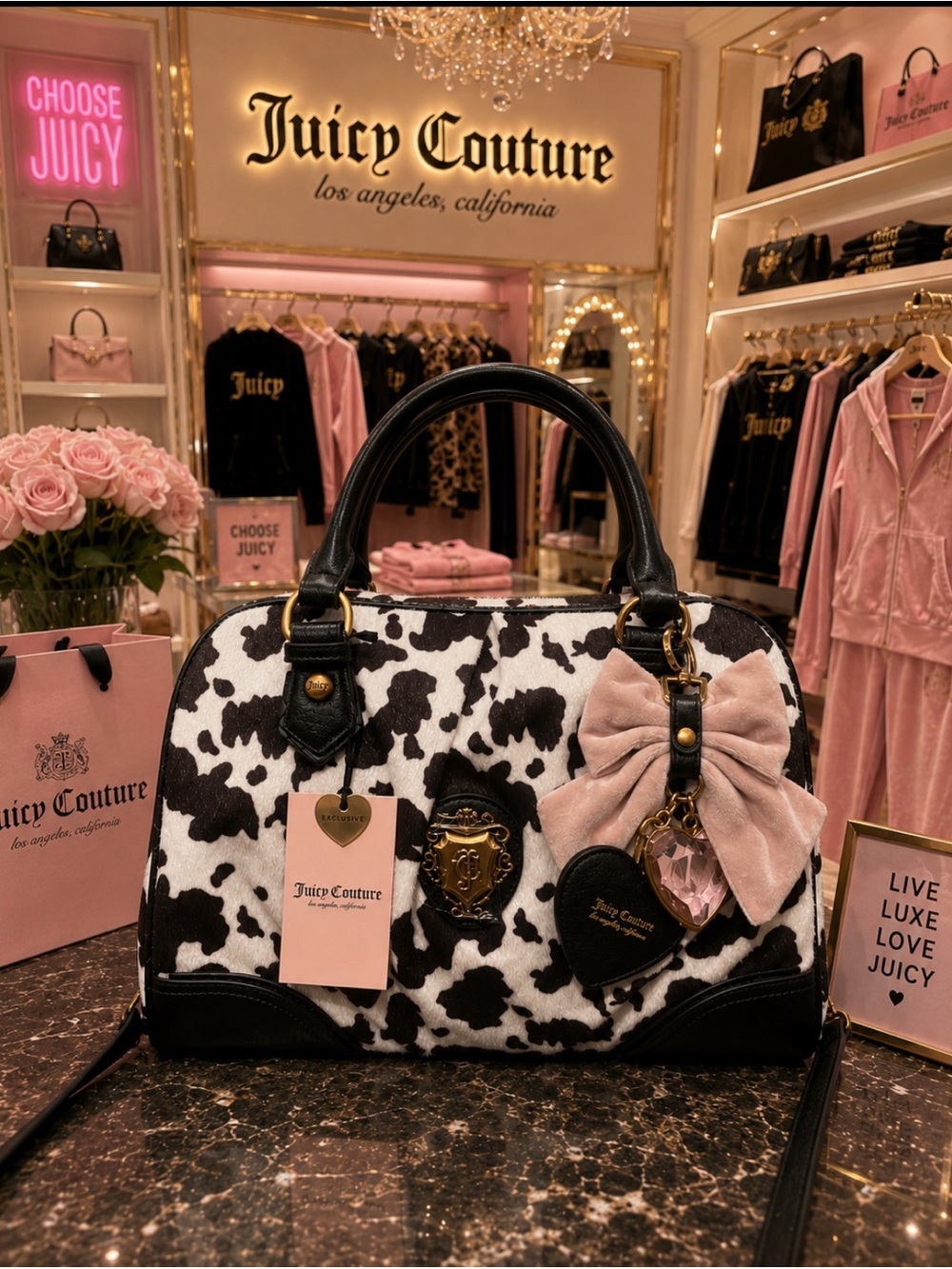 Juicy Couture Black & White w/ Dark Brown Cow Print Satchel with Pink Bow Charm
